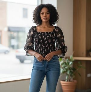 Rue21 Black Floral Square-Neck Smocked Top